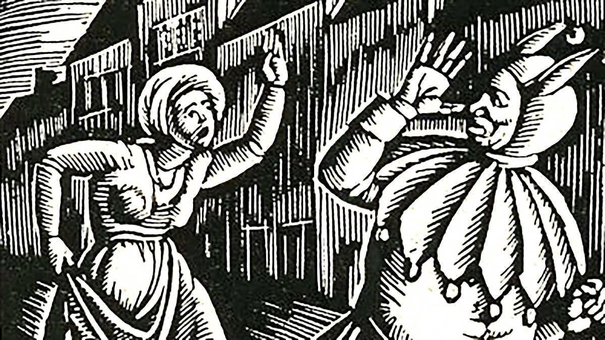 Woodcut of a woman chasing a thief by Wladyslaw Skoczylas (1883-1934).